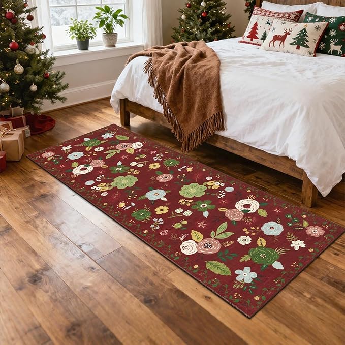 U'Artlines 2'x6' Red Christmas Runner Rug for Hallways Kitchen,Colorful Floral Soft Non Slip Washable Floor Carpet Runners for Entryway Laundry Room Bathroom (Red)
