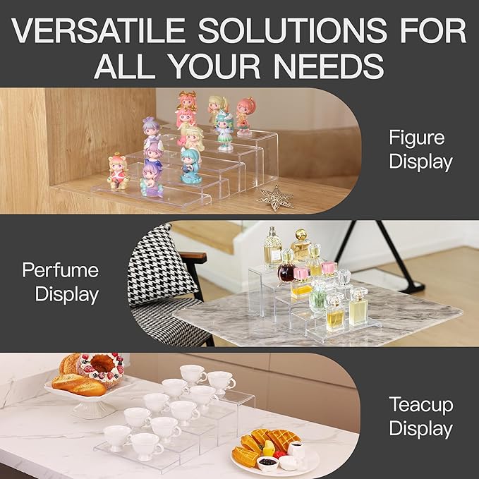 ANDGOO 10 Pack Large Acrylic Display Stands, 2 Set(10”L~11”L~12”L) Perfume Stand Organizer, Clear Cupcake Stand, Display Risers for Retail Stores Special Events Exhibitions Home Decoration