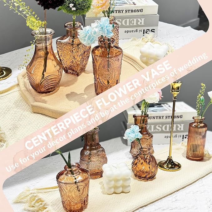 Mini Bud Vases As Wedding Centerpieces for Tables,Clear Bud Vases for Flowers,Small Flower Vases Suitable for Birthday Party,Anniversary,Wedding Reception,Baby Shower (Amber, 24PCS)
