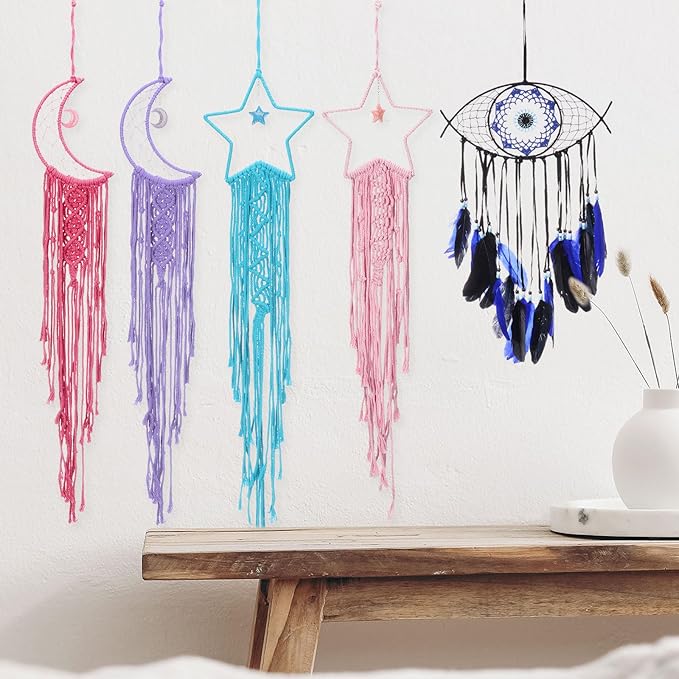 PATIKIL Moon Star Dream Catcher Decor, 39" Boho Dream Catcher Macrame Woven Wall Hanging for Home Decor Bedroom Accessories Cafes Wedding Decoration, Blue