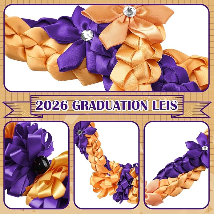 Canlierr Graduation Leis Class of 2026 Grad Ribbon Leis Double Braided Necklace Hawaiian Flower Garland with Heart Kukui Nut for Man Woman Graduation Party Supplies