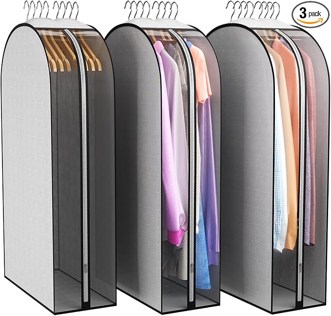 10" Gusseted Garment Bags for Hanging Clothes 40" Suit Bags for Open Closet Storage, Side Clear Clothing Cover for Coat, Dress, Jacket, Shirt, Fur Wardrobe Protector, 3 Packs, Grey