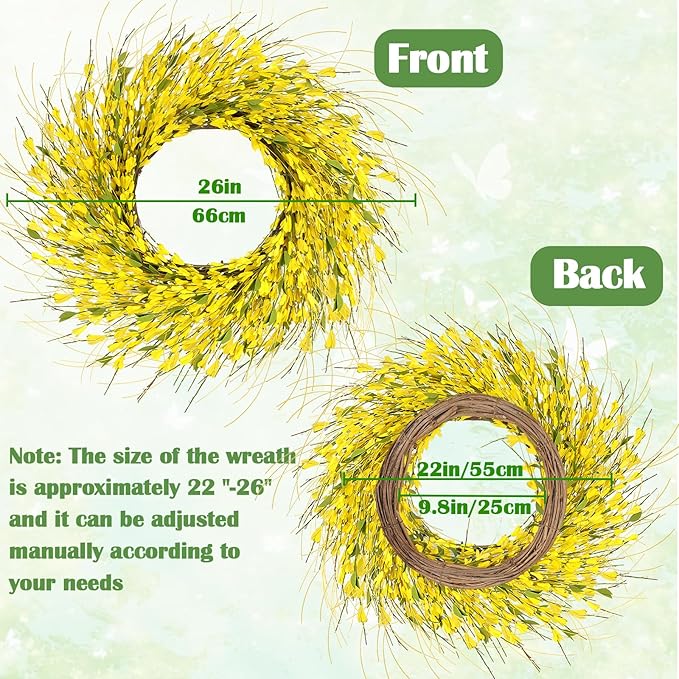 GTIDEA 26 Inch Spring Wreaths for Front Door Large Spring Door Wreath Wild Floral Summer Forsythia Flower Wreaths Outside All Season for Farmhouse Porch Wedding Living Room Home Easter Decor (Yellow)