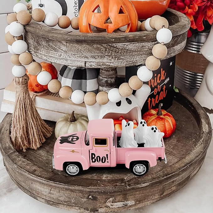Halloween Truck Decor, Pink Halloween Ghost Truck Decorations for Home Indoor, Mini Cute Ghost Tiered Tray Decor, Farmhouse Kitchen Tabletop Centerpiece Decorations