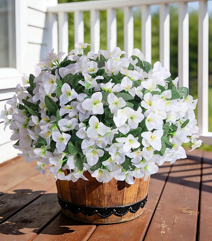 Faux Bougainvillea Artificial Flowers Plants for Outdoors, 4 Bundles Spring Fake Outdoor Flowers Silk Bougainvillea for Outside UV Resistant Realistic for Porch Patio Window Planter Garden Home, White