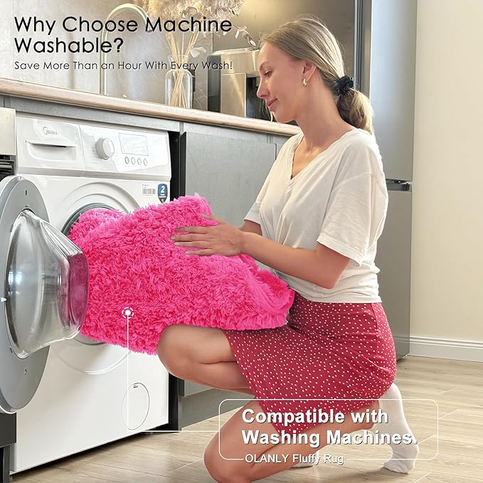 OLANLY 8x10 Machine Washable Large Area Rugs for Living Room, Bedroom, Soft Fluffy Shaggy Bedside Rug, Indoor Floor Carpet for Kids Girls and Boys, Dorms, Nursery, Home Decor Aesthetic, Hot Pink