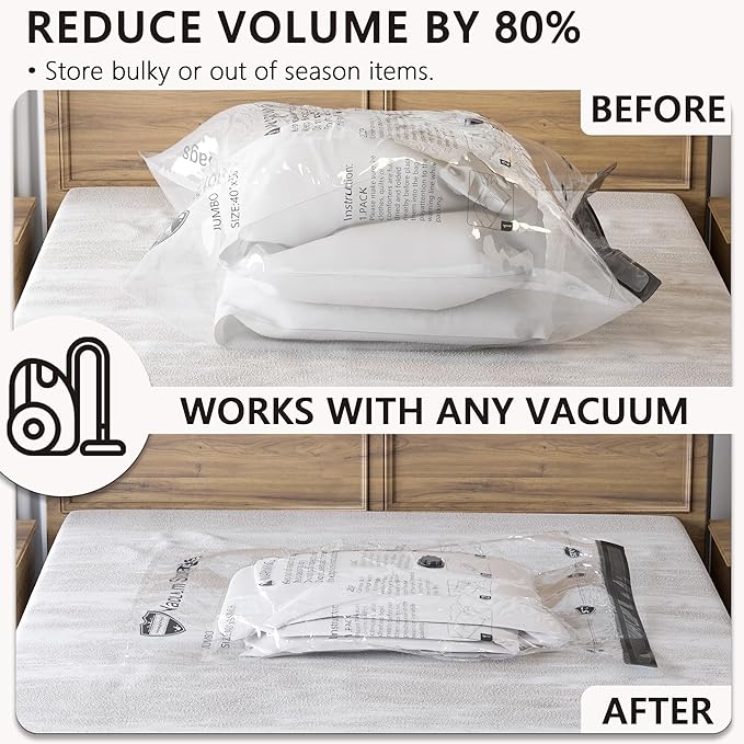 Vacuum Storage Bags, Compression Packing Space Saver Seal Bags for Clothing Bedding Comforters Blankets Pillows, 8 Large