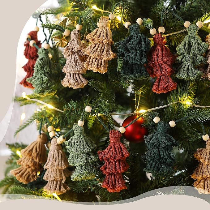 Breling 2 Pcs Christmas Boho Tassel Garland with Wood Beads 60 Inch Rustic Hanging Decor in Neutral Earth Tones Holiday Banner Woodland Office Fireplace Mantel Wall Christmas Decoration Indoor Outdoor