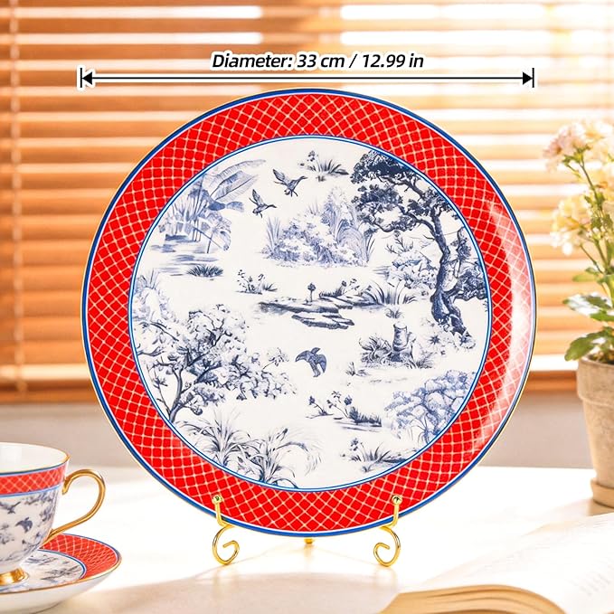 KAMMAK Ceramic Decorative Plate, Porcelain Plates for Kitchen Dining Room Wine Cabinet Home Decor, Vintage Collector Plates with 1 Display Stand, Wanshanlin