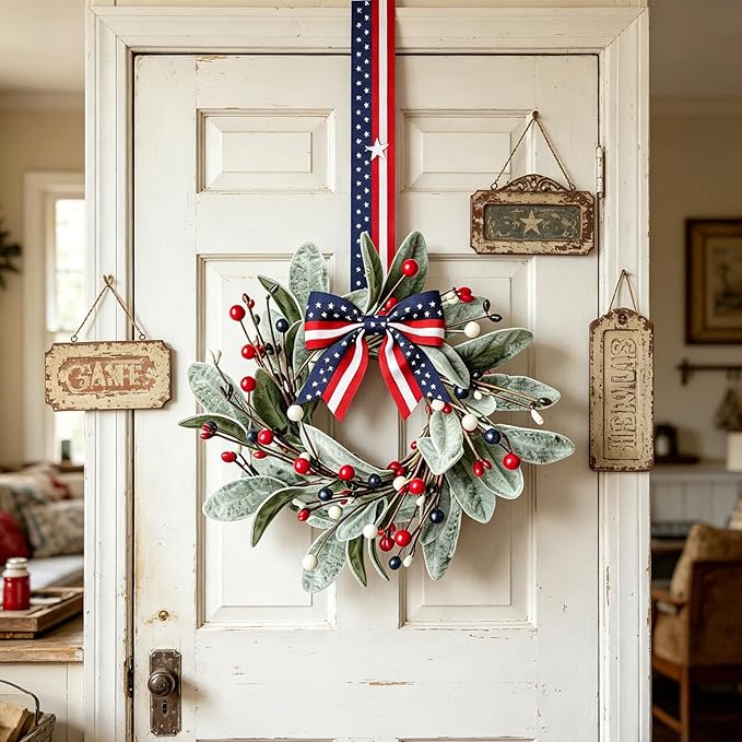6 PCS Patriotic 4th of July Hanging Wreaths for Cabinets Small Independence Day Wreaths for Front Door with Red White Blue Berries & Lamb's Leaves Memorial Day Labor Day Mini Wreath for Home Decor