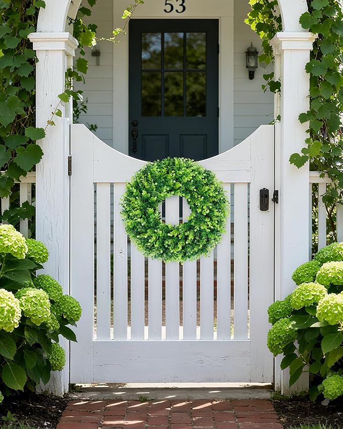 DDHS 16-18in Small Boxwood Wreath for Front Door – Artificial Green Farmhouse Wreath, Spring Summer Fall Winter DIY Decor, for Indoor Outdoor Year-Round Wedding Home Decorations