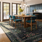 Lessymo Floral Extra Large Area Rug 10x14 for Living Room, Machine Washable Carpet for Bedroom, Soft Low Pile Non-Slip Rug for Dining Room Under Table, Boho Floral Design, Black Green