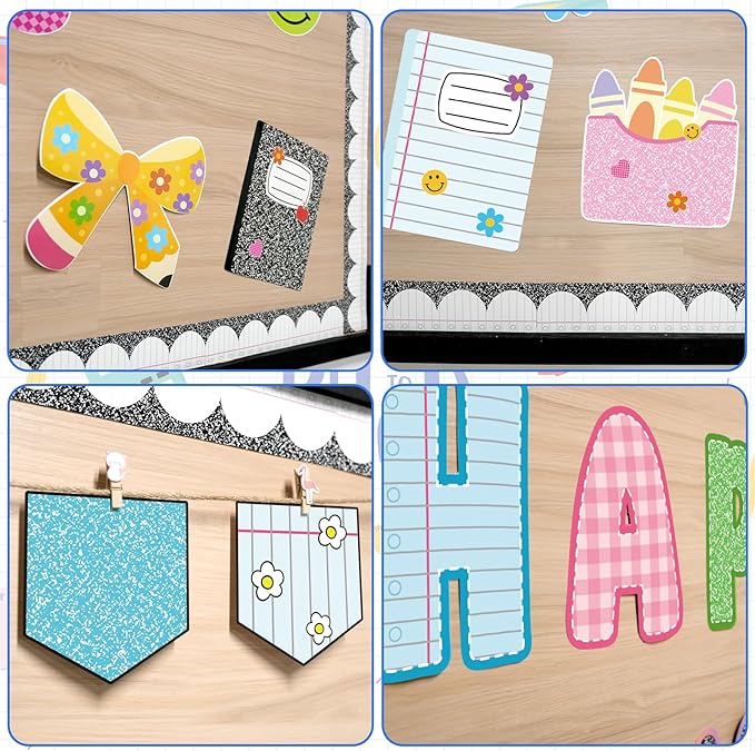 Back to School Bulletin Board Decoration, Happy You're Here Bulletin Board Set, Composition Notebook Happy Face Apple Daisy Cutouts for Classroom First Day of School Chalkboard Wall Door Teacher Decor