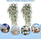Artificial Hanging Flowers for Outdoors, 2 PCS UV Resistant Faux Silk 150 Morning Glory Each Trailing Vines, Fake Plants for Spring Outdoor Garden Planter Porch Patio Decoration, Blue & White