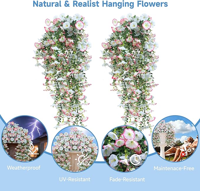 Artificial Hanging Flowers for Outdoors, 2 PCS UV Resistant Faux Silk 150 Morning Glory Each Trailing Vines, Fake Plants for Spring Outdoor Garden Planter Porch Patio Decoration, Blue & White