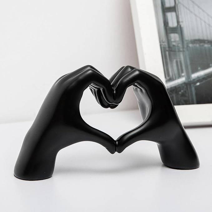 FANTESTICRYAN Small Heart Hands Statues Hand Love Sculpture Cute Decorative Home Decor Ornaments for Living Room, Wedding, Office Desktop, Cabinets, Bookshelf, Gift for Mom (Small Black)