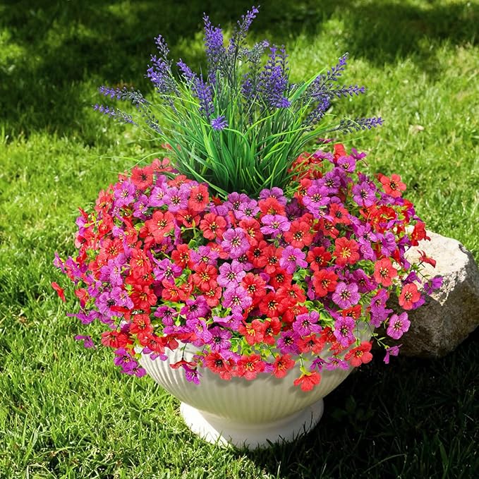 INQCMY Artificial Flowers for Outdoors UV Resistan 12 Pcs Silk Daisies with Eucalyptus Leaves and 2 Pcs Lavender Suitable for Porch Balcony Courtyard Garden (Red Lotus)