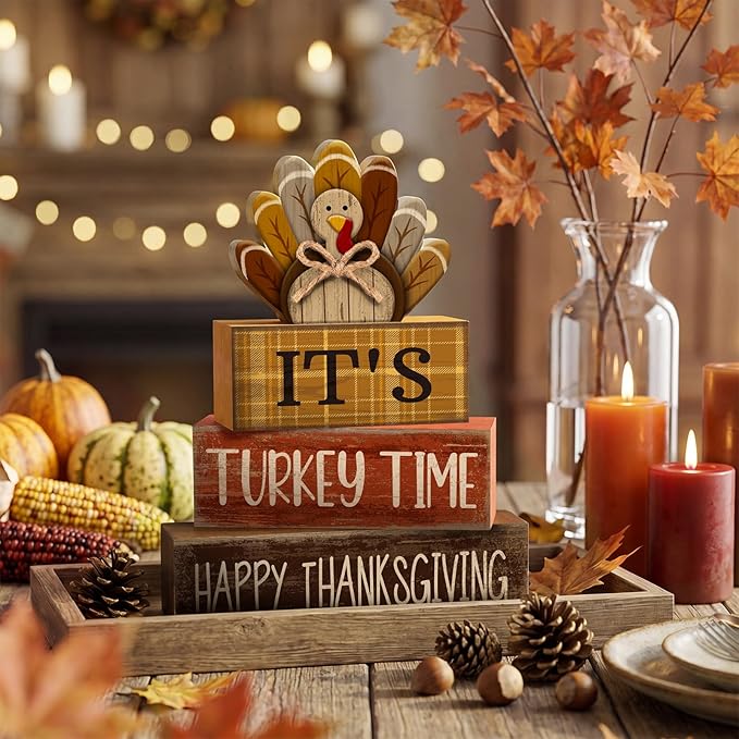 Moucuny 4 Pcs Fall Decorations for Home Wooden Turkey Decor Thanksgiving Tiered Tray Decor Thanksgiving Table Centerpiece Rustic Wooden Turkey Time Block Sign for Autumn Harvest Party Kitchen Shelf