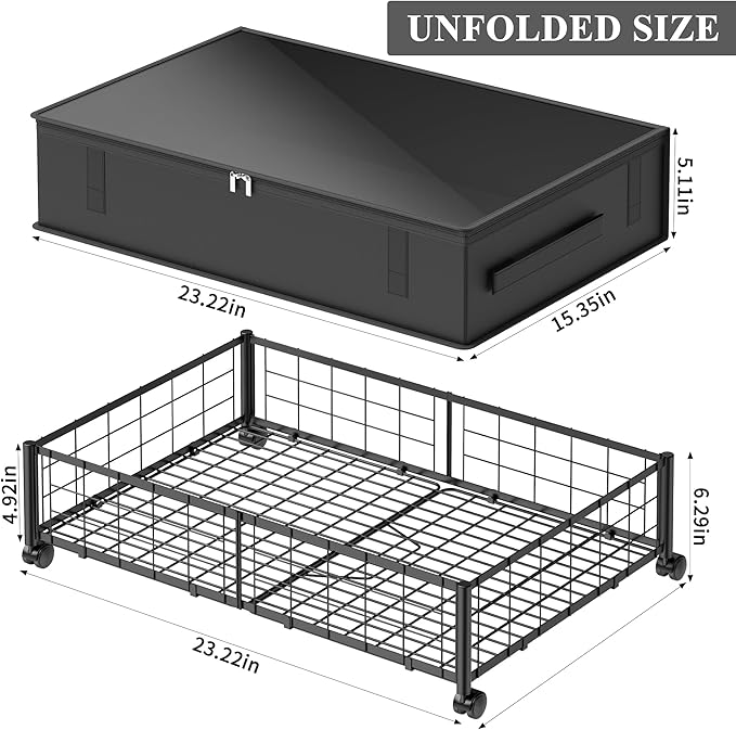 Under Bed Storage with Wheels and Storage Bag, 360° Rolling Under Bed Metal Drawers for Clothes, Blankets, Books and Shoes,Black， 2pack