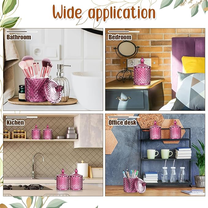 Aoriher 4 Pcs Crystal Glass Candy Jar Set with Lids Home Decorative Storage Jars for Apothecary, Bathroom, Kitchen, and Pantry, Ideal for Cotton Swabs and Jewelry(Medium,Purple)