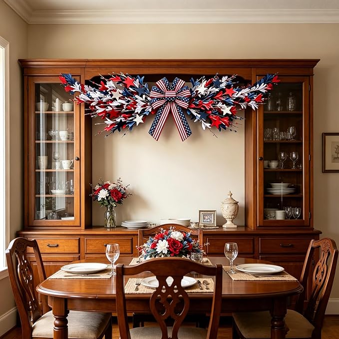 4th of July Patriotic Swag Red White and Blue Memorial Day Front Door Floral Twigs Swag with Forsythia Flowers Stars Independence Day 250th Anniversary Veterans Day Decor for Arch Wall Home Decor