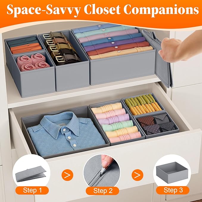 Drawer Organizer Clothes, 16 Pack Drawer Organizers and Underwear Organizer for Nursery, Dividers Clothes Organizer, Closet Organization and Foldable Storage Bins for Socks, Bra, Tie, Grey