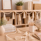 Janinka Tassel Garland Boho Classroom Decor Macrame Wooden Bead Garlands Wood Beads Banner with Tassels Boho Wall Hanging Banner for Classroom Bedroom Nursery Home Decoration(Classic Color)