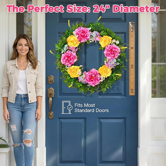 Livole 24 Inch Summer Spring Wreaths for Front Door Large Summer Door Wreath with Peony Rose Daisy for Indoor Outdoor Home Wall Farmhouse Patio Porch Window Decor