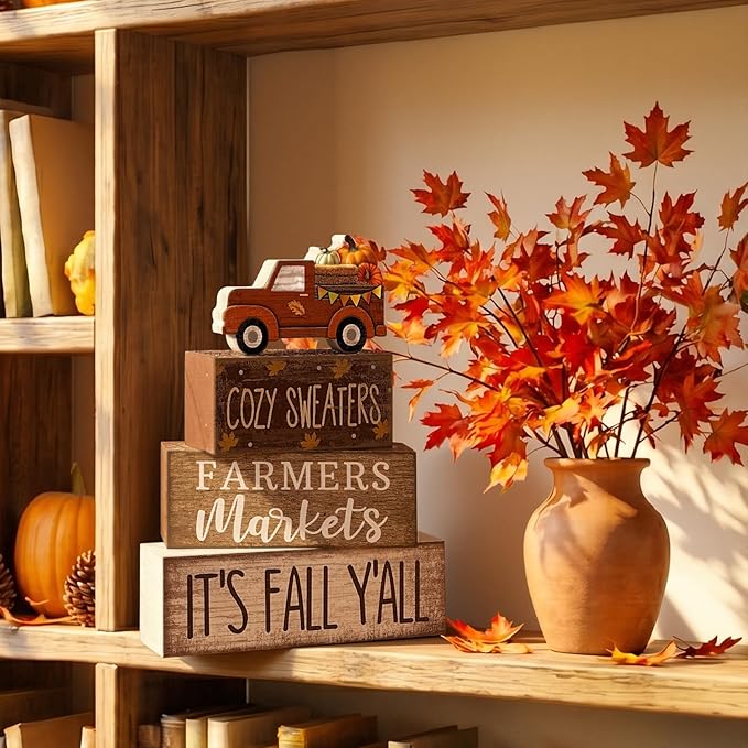 Lineshading 4 Pcs Fall Table Decoration for Home Fall Truck Decor Thanksgiving Tiered Tray Decor Rustic Wooden Pumpkin Truck Block Sign Thanksgiving Centerpiece Autumn Decorations for Harvest Party