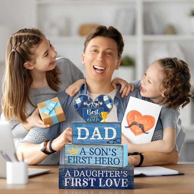 Lineshading 4 Pcs Fathers Day Table Decorations Wooden Blue Heart Trophy Decor Happy Father's Centerpieces Gifts for Dad from Daughter Son Fathers Day Decoration for Home Shelf Indoor Party Decoration