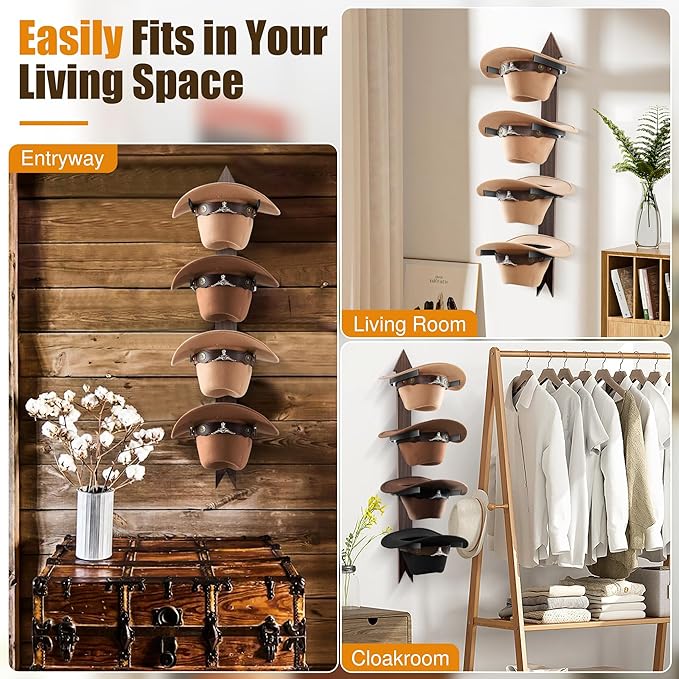 Cinati Cowboy Hat Rack Wall Mount - Wooden Western Rustic Metal Hanger With Arrow Sign Board - Holds up to 4 Hats, Fedora, Sun Hats (1 Pack)