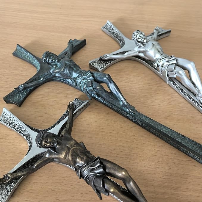 ShineOnAngel Crucifix Wall Cross, 12 Inch Silver Color Durable Resin Wall Crucifix Modern Home Decor, Hand Painted Antique Style Jesus Cross for Wall Religious Housewarming Gifts