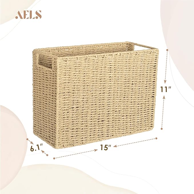 AELS Woven Natural Fibre Magazine Holder, Magazine Rack Floor, Hand-woven Magazine Organizer, Natural Paper Rope Magazine Basket with Handles, Boho Modern Farmhouse Book Basket, Newspaper Holder