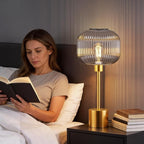 QiMH Glass Table Lamp for Living Room, Modern Bedside Lamp with Grey Ribbed Glass Shade, 3-Way Dimmable Touch Control Nightstand Lamp for Bedroom, Brushed Gold (2700K LED Bulb Included)