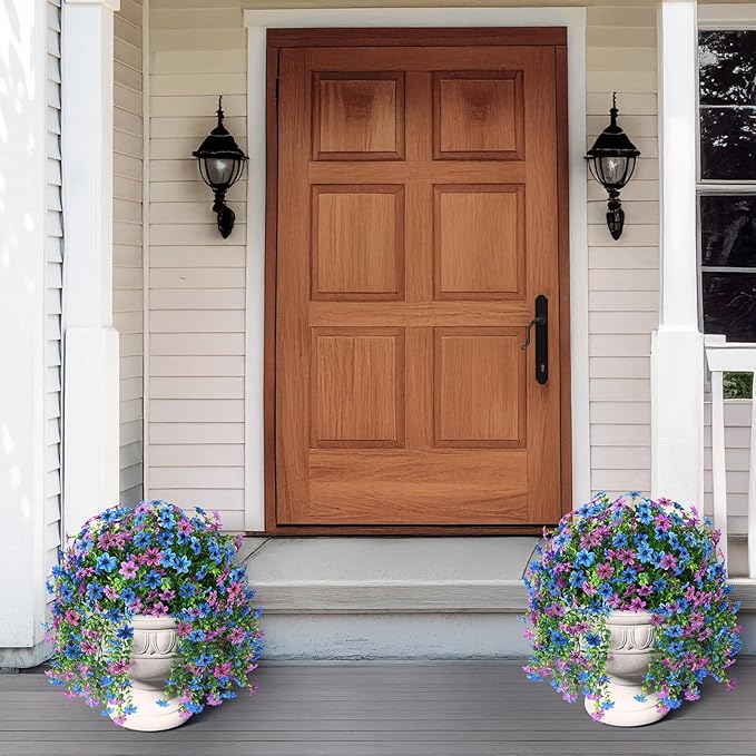 Artificial Hanging Flowers for Outdoors, 2 Pcs Fake Hanging Plant Spring Summer Decoration, UV Resistant No Fade Faux Flower for Porch Patio Yard Window Home Decor(Purple Blue)