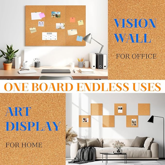 DOLLAR BOSS Cork Board Tiles, 6 Packs 12" x 12" 1/2" Thick Cork Bulletin Board Self Adhesive Corkboards for Walls with 60 Pushpins for Home Office Kitchen School Decor Display