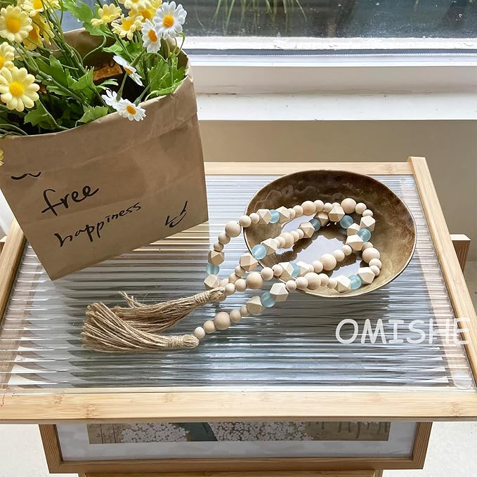 OMISHE Wood Bead Garland with Tassels 52 Inches, Octagonal Handmade Wooden Beads with Blue Acrylic Beads, Boho Wooden Beads Home Decor, Farmhouse Beads Garland for Tiered Tray Decor Beach Decor