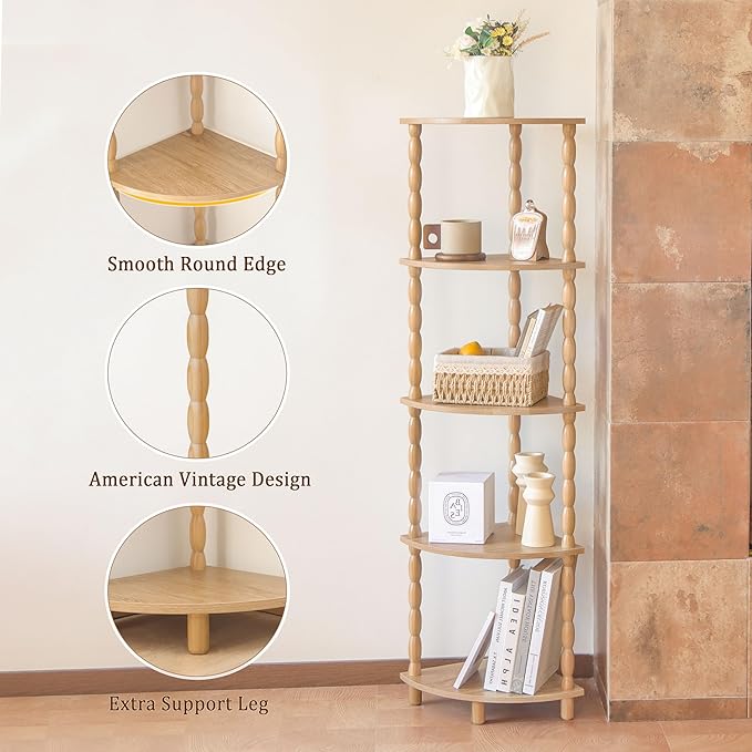 MaxSmeo Corner Bookshelf, 5-Tier Corner Shelf Stand, Modern Corner Plant Shelves with Storage, for Bedroom, Bathroom, Kitchen, Living Room (Rustic Walnut)