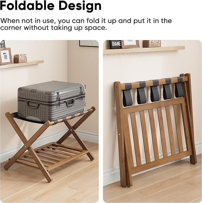 Smuxee Fully Assembled Black Walnut Luggage Racks Pack of 2, Upgraded Bamboo Foldable Suitcase Stand with 5 Nylon Straps, Luggage Holder with Shelf for Guest Room Bedroom Hotel