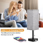 aooshine Bedside Table Lamps Set of 2 - Gray Bedroom Lamps with 3 Color Temperatures (3000K/5000K/4000K), Square Nightstand Light with USB C + A Charging Ports, Pull Chain Small Night Light