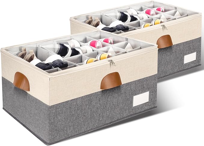 2 Pack Shoe Organizer for Closet, Adjustable Shoe Box Storage Containers, Large Foldable Shoe Bins with Clear Cover, Space Saving Shoes Holder with 4 Handles, Fits 24-48 Pairs, Beige