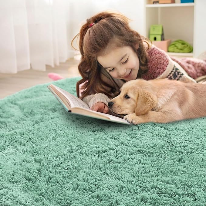 OLANLY Mint Green Round Rugs for Bedroom - Machine Washable, 6 ft Circle Area Rugs for Living Room, Soft and Fluffy Shaggy Carpet for Teen Girls and Boys, Nursery Rooms, Dorms, Home Decor Aesthetic