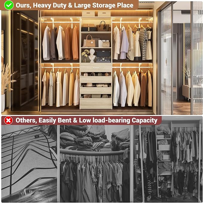 Aheaplus Closet System with 4 Drawers, 8FT Wood Closet Organizer System, 96’’ Closet Built In System Tower with Shelves, Walk-in Closet Wardrobe Clothes Garment Rack, Fits Spaces 4-9 ft, White Oak