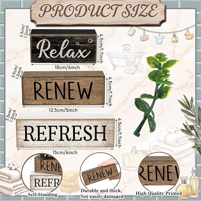 Moucuny 4 Pcs Bathroom Shelf Decor Sign Farmhouse Bathroom Decor and Accessories Rustic Eucalyptus Leaves Block Sign Gift Relax Renew Refresh Farmhouse Table Centerpiece for Home Office Toilet