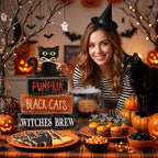 Lineshading 4 Pcs Halloween Table Decoration Black Cat Wooden Stacked Block, "Pumpkin Black Cats Witches Brew" Signs Spooky Halloween Tiered Tray Decor Rustic Gothic Centerpiece for Home Coffee Bar