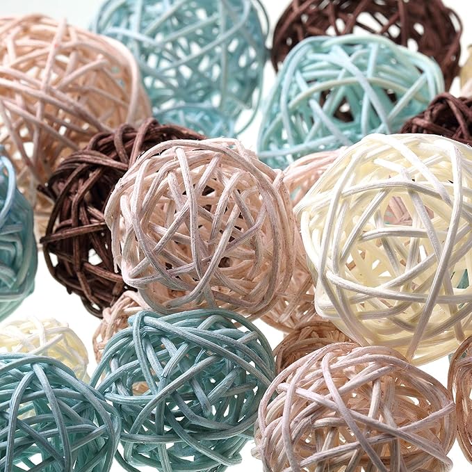 Patelai 36 Pcs Wicker Rattan Balls Decorative Balls for Vase Centerpiece Bowls Orbs Filler for Home Decor,4 Sizes(Blue, Brown, Dark Brown, White,2.8'',2.4'',2'',1.6'')