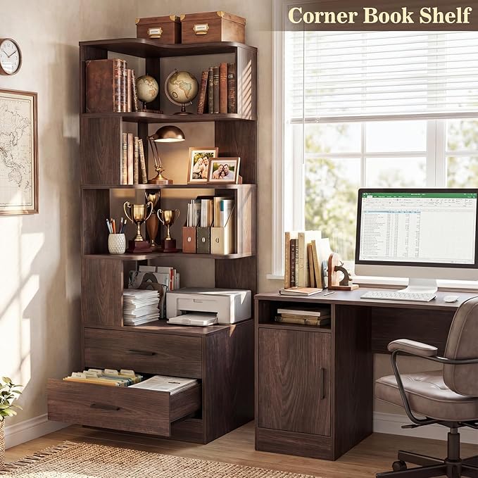 Armocity Corner Bookshelf with Drawers, 7 Tier Corner Book Shelf Display Bookcase, Freestanding L Shaped Bookshelf for Bedroom, Living Room, Home Office, Black Walnut