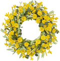 24 Inch Yellow Daisy Wreath, Artificial Spring Summer Wreath with Eucalyptus Leaves, Yellow Forsythia Flowers Front Door Wreath for Indoor Outdoor Home Farmhouse Wall Window Porch Decor