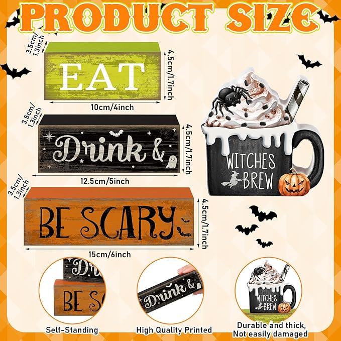 Lineshading 4 Pcs Halloween Table Decor - "Eat Drink & Be Scary" Witch Brew Themed Stackable Block Signs, Rustic Farmhouse Halloween Table Centerpieces for Home Kitchen Dining Coffee Bar