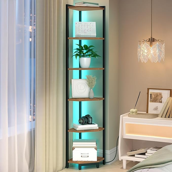 Hzuaneri Corner Shelf with LED Light, 6-Tier Corner Bookshelf, Tall Narrow Display Bookcase with Metal Frame, Standing Shelf for Small Space, Living Room, Home Office, Bedroom, Rustic Brown CS66601B
